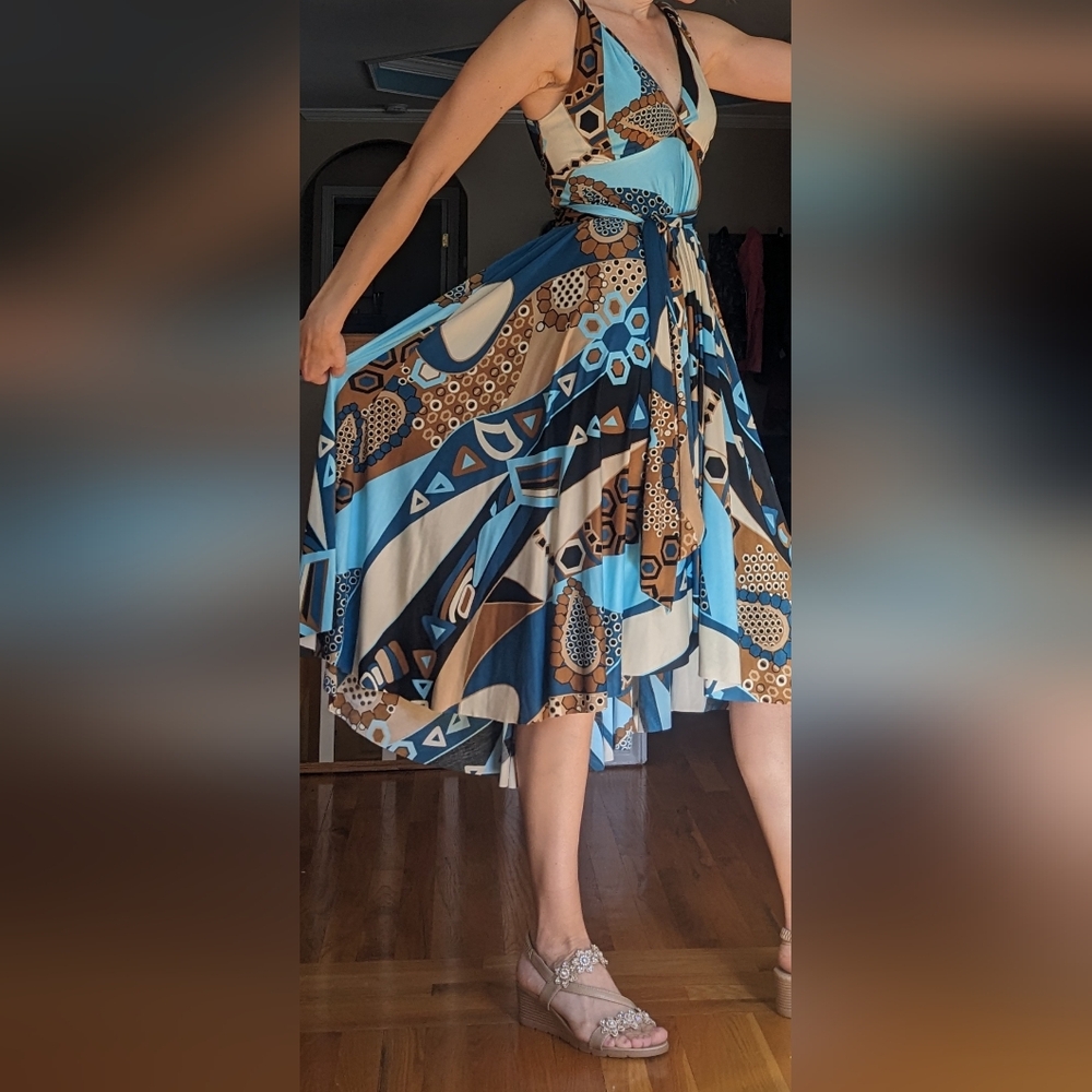 Boho Geometric Blue and Brown High Low Dress